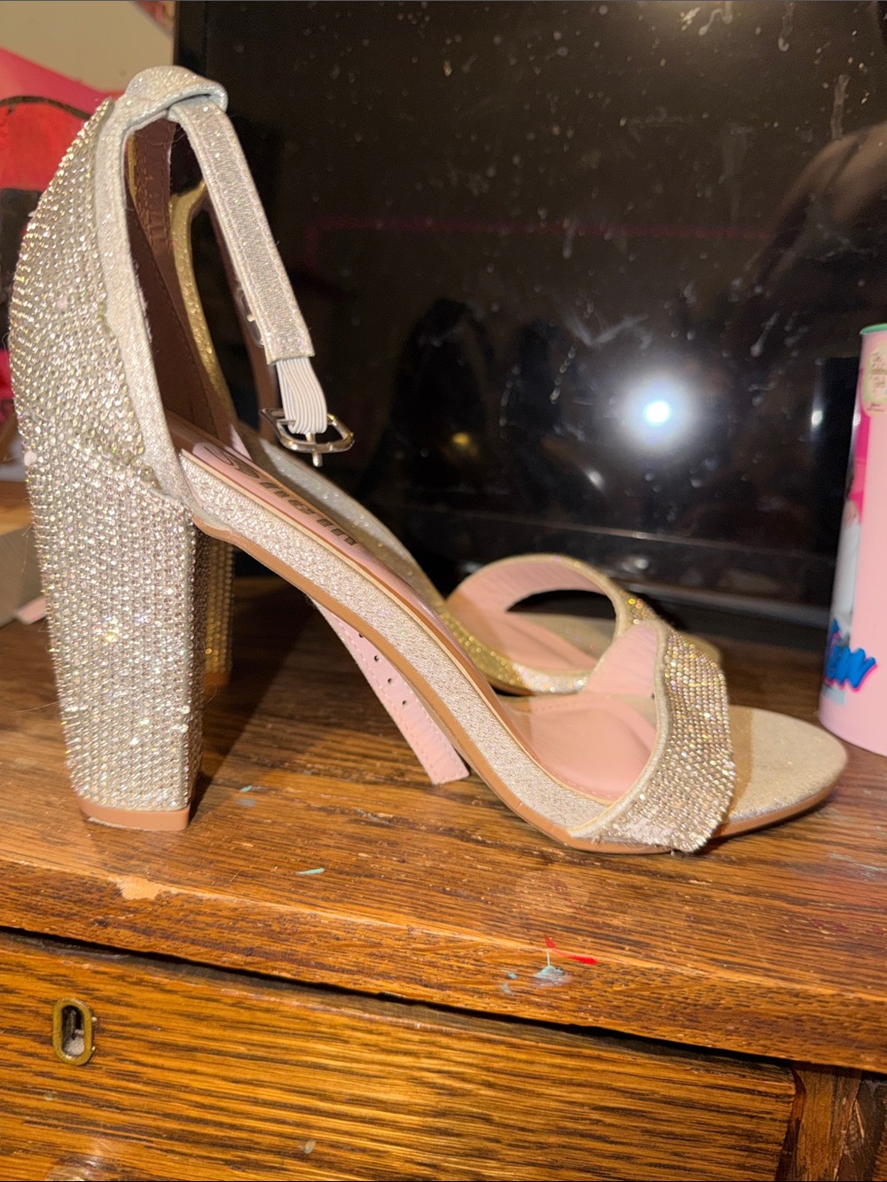 Glamorous Silver Crystal Block Heel - Women